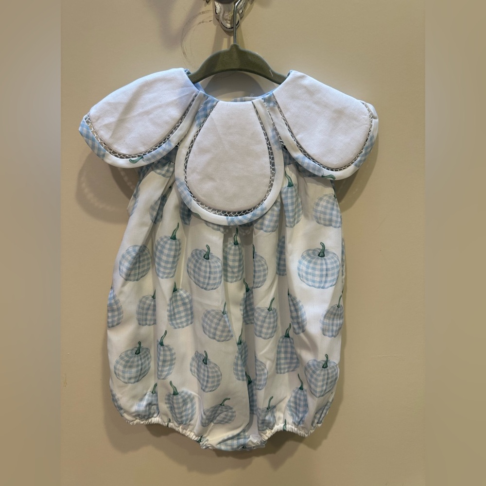 NWT The Smocked Bear Girls 12M Petal Collar Blue & White Gingham Pumpkin Bubble